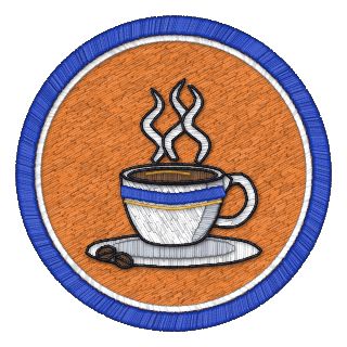 Java badge: a steaming cup of coffee on its saucer