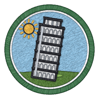 Lean badge: the leaning tower, leaning a little further and righting itself, under a gold sun