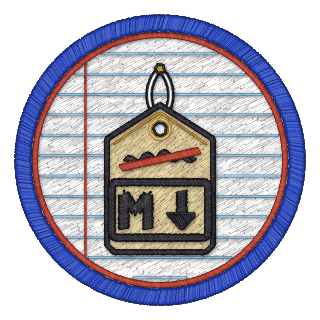 Markdown badge: a price tag marked down, with the Markdown mark, swinging over ruled paper