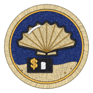 Shell badge: a scallop shell on the sand under the night sea, with a dollar-sign prompt and a blinking cursor