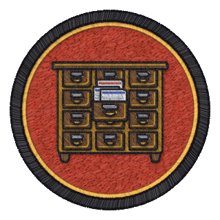 SQL badge: a library card catalogue with one drawer pulled out, an index card rising from it