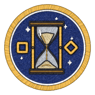 TLA+ badge: a brass hourglass under the night sky, between the square of always and the diamond of eventually