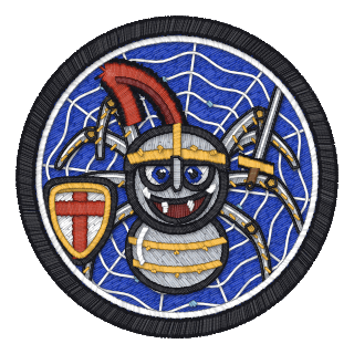 TypeScript badge: the same spider on a white web on blue, helmed and armoured in steel, bearing a shield and a sword